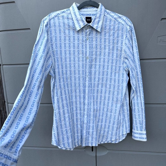 Hugo Boss Button Down Long Sleeves Shirt Chain Textured Design sz L - Picture 2 of 6
